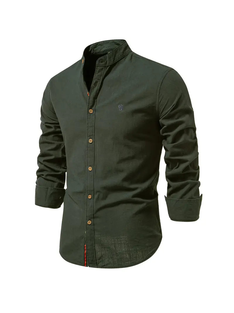 Men’s Band Collar Button Down Shirt - Stylish Long Sleeve