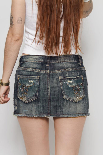 American Retro Ripped Denim Mini Skirt