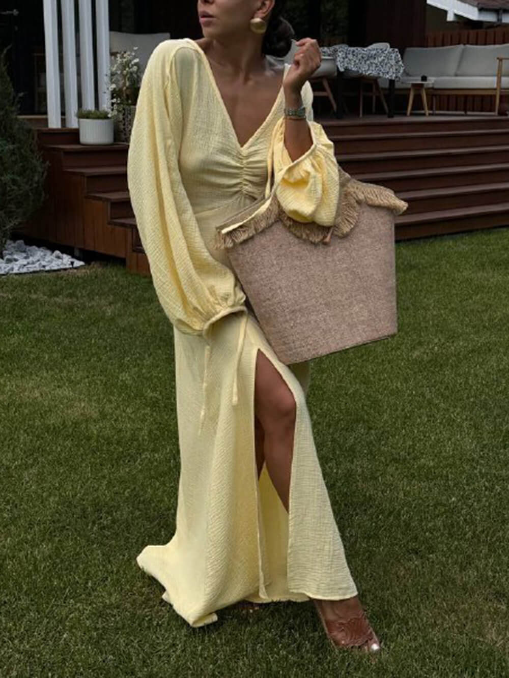 Women's Pleated Slit Lantern Sleeve Maxi Dress – Elegant Flowing Gown