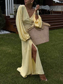 Women's Pleated Slit Lantern Sleeve Maxi Dress – Elegant Flowing Gown