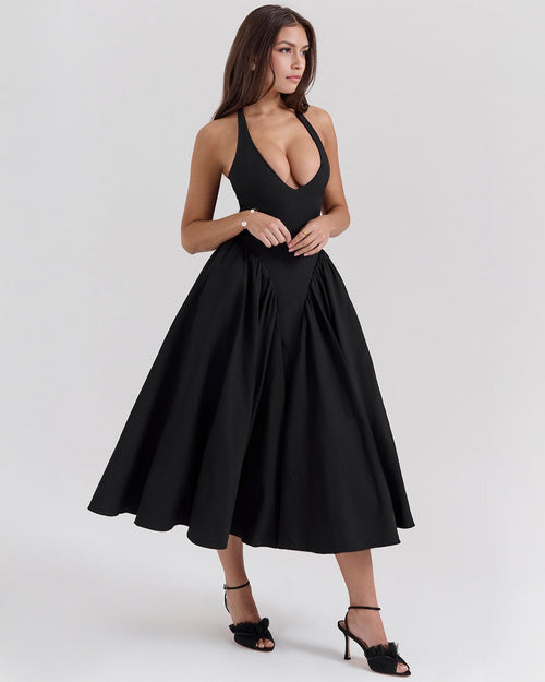 Women's V-Neck Corset Style Midi Dress – Sleeveless Elegant Fitted Tulle Dress