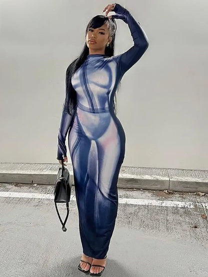 3D Print Stand Collar Maxi Party Dress