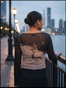 Abstract Print Black Mesh Long Sleeve Sheer Top