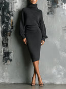 Women's Charcoal Chic Knit Turtleneck Oversized Knit Midi Dress