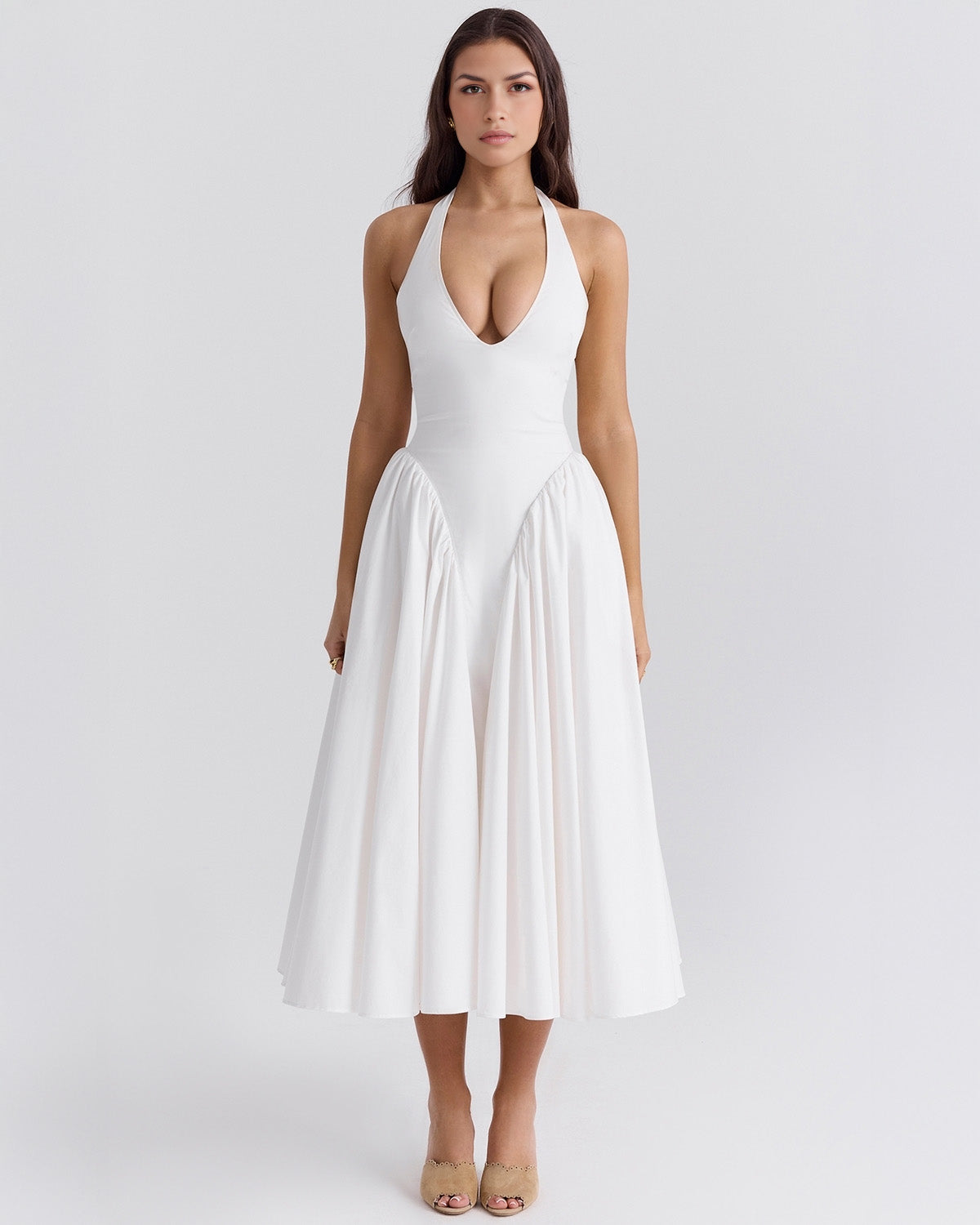 Women's V-Neck Corset Style Midi Dress – Sleeveless Elegant Fitted Tulle Dress