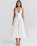 Women's V-Neck Corset Style Midi Dress – Sleeveless Elegant Fitted Tulle Dress