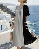 Casual Long Dress with Round Neck and Contrast Detail