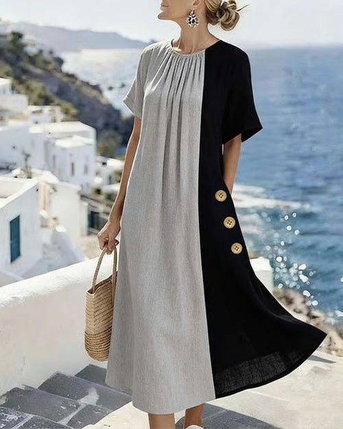 Casual Long Dress with Round Neck and Contrast Detail