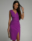 Women’s V-Neck Fitted Office Dress - Short Sleeve Slit Pencil Style