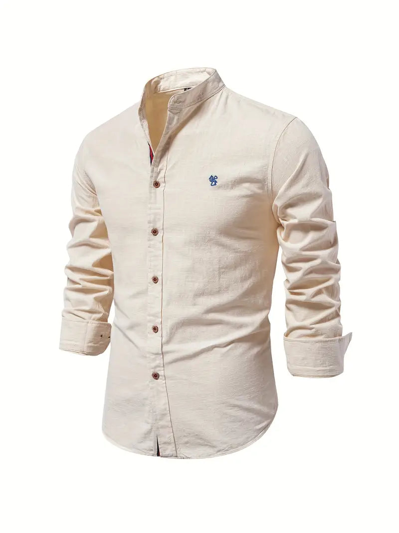 Men’s Band Collar Button Down Shirt - Stylish Long Sleeve