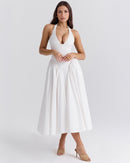 Women's V-Neck Corset Style Midi Dress – Sleeveless Elegant Fitted Tulle Dress