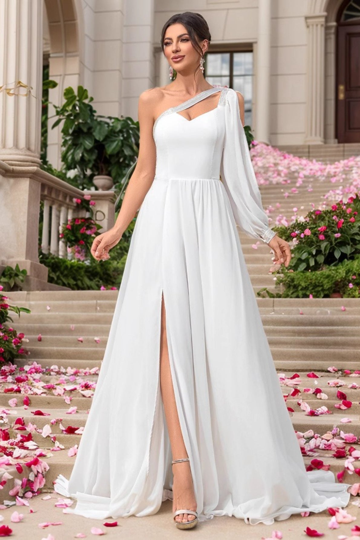 Asymmetric Gown Chiffon One Sleeve Prom Dress