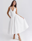 Women's V-Neck Corset Style Midi Dress – Sleeveless Elegant Fitted Tulle Dress