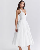 Women's V-Neck Corset Style Midi Dress – Sleeveless Elegant Fitted Tulle Dress