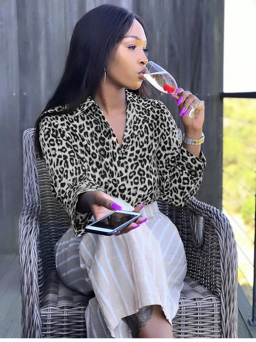 Women's Leopard Print Button-Up Blouse – Long Sleeve Stylish Top