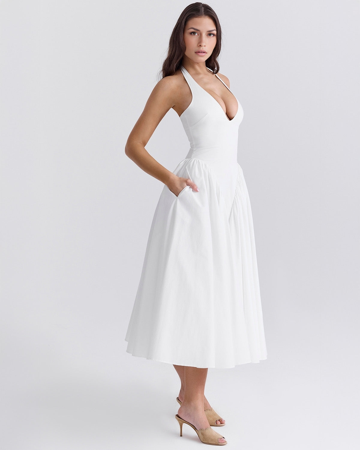 Women's V-Neck Corset Style Midi Dress – Sleeveless Elegant Fitted Tulle Dress
