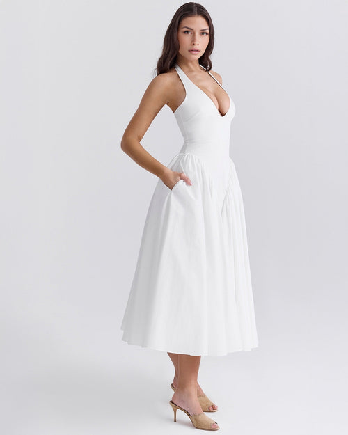 Women's V-Neck Corset Style Midi Dress – Sleeveless Elegant Fitted Tulle Dress