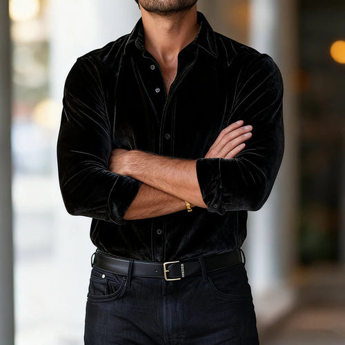 Men's Buttoned Down Long Sleeve Fitted Velvet Shirt – Luxury Dress Shirt