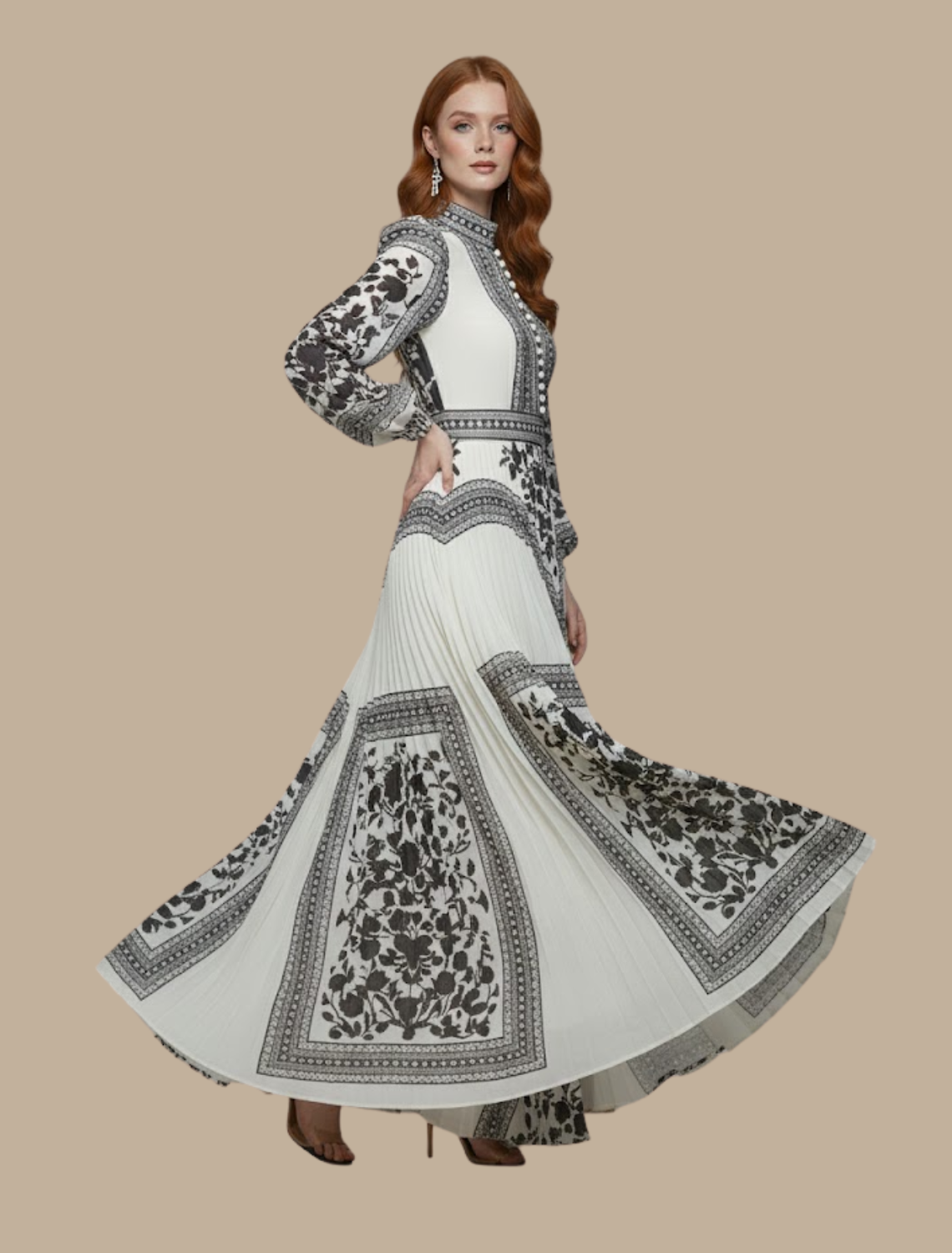 Women’s Pleated Maxi Evening Dress – High Neck Long Sleeve Formal Gown