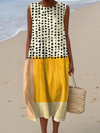 Women's Polka Dot Colorblock Midi Dress – Sleeveless Elegant Summer Dress