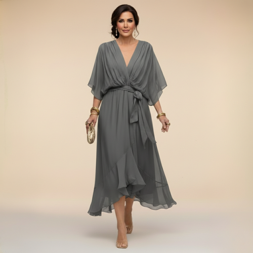 Women's Elegant V-Neck Chiffon Flared Midi Dress with Belt - Perfect Wedding Guest Dress