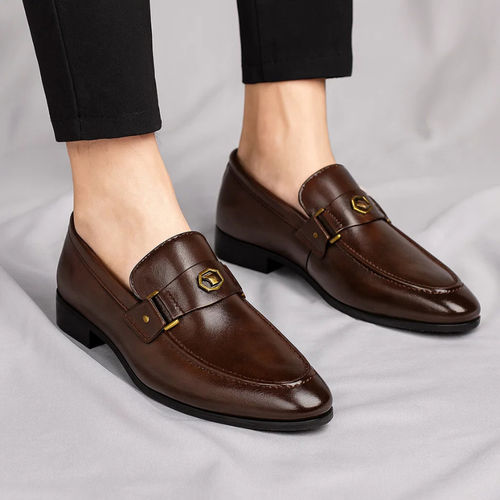 Men’s Blue Leather Loafers With Metal Accent – Elegant Slip-On Shoes