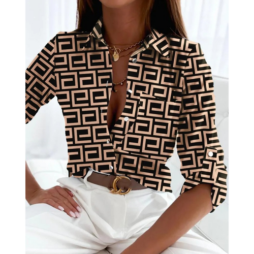 Women's Colorful Patterned Button-Up Blouse – Long Sleeve Business Shirt