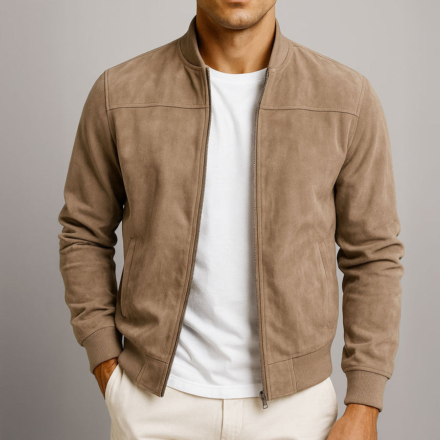 Men's Suede Zip-Up Long Sleeve Jacket – Casual Slim Fit Coat