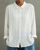 Women's White Pintuck Lace-Trim Longsleeve Shirt – Elegant Feminine Top