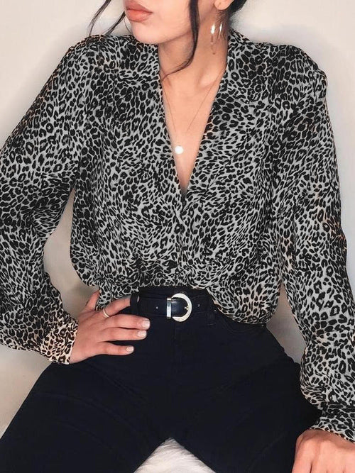 Women's Leopard Print Button-Up Blouse – Long Sleeve Stylish Top