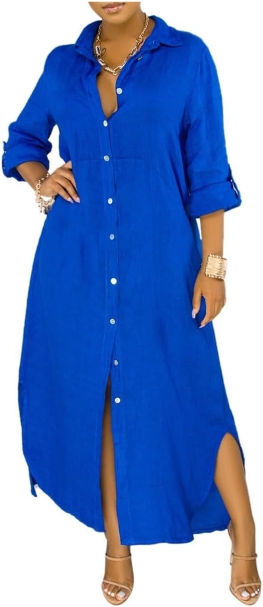 Women's Oversized Long Shirt Dress – Casual Button-Up Dress With Pockets