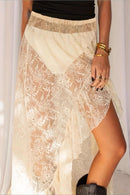 Lace Insert High Waist Slit Asymmetrical Midi Skirt