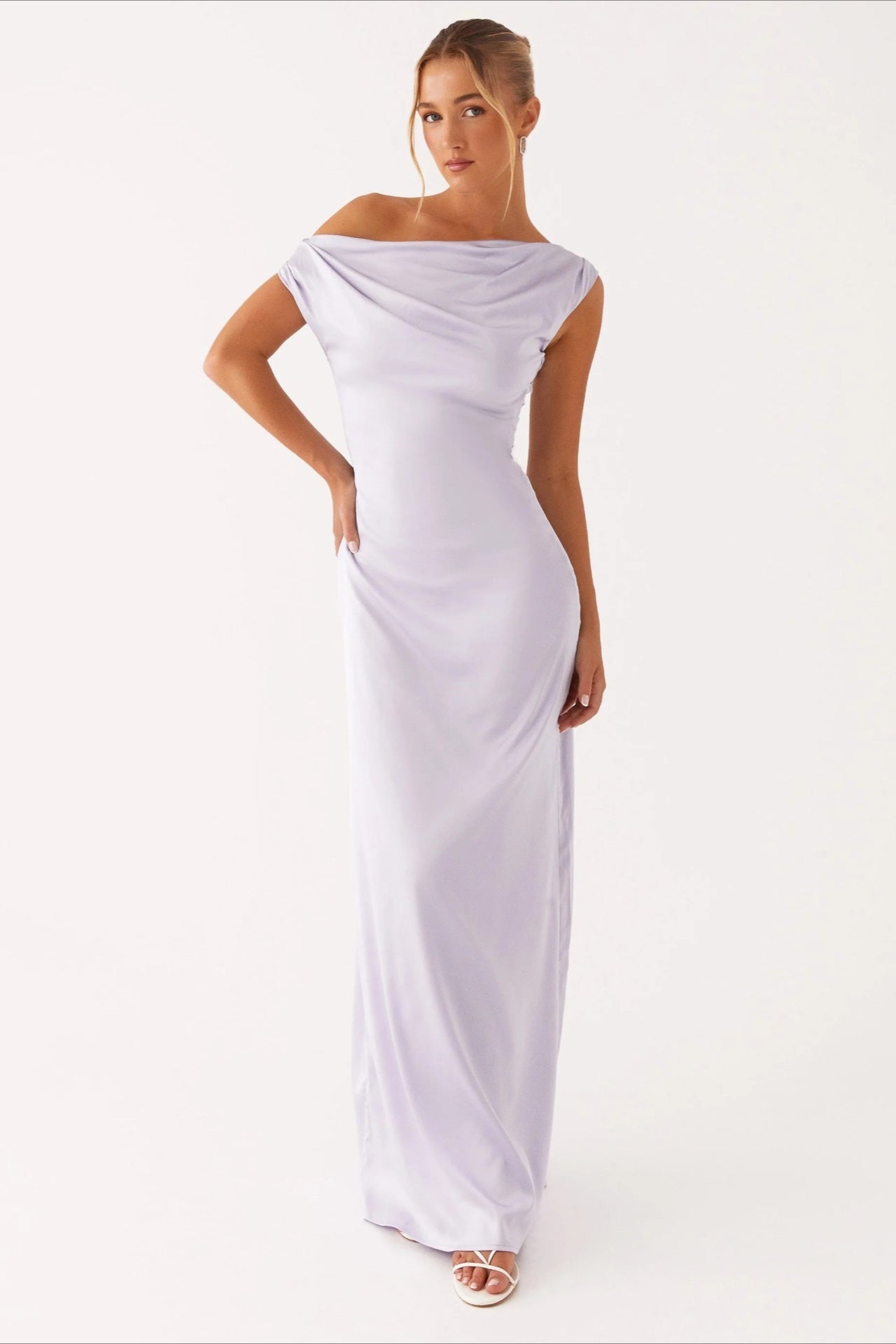 Women's Solid Asymmetric Neckline Formal Maxi Dress – Evening Gown