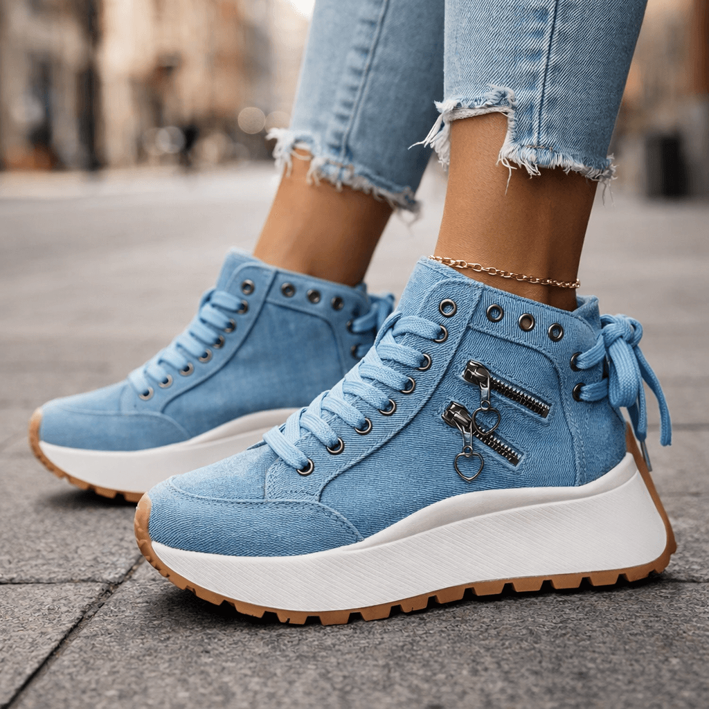 Women’s Chunky Denim Sneakers - Lace Up Street Style Shoes
