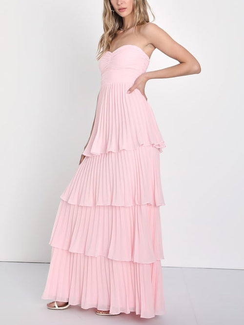 Women's Strapless Ruched Tiered Maxi Occasion Dress – Elegant Evening Dress