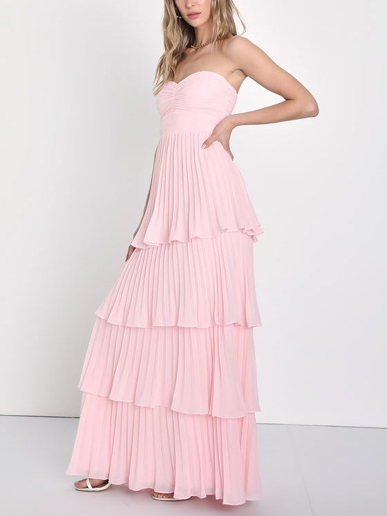 Women's Strapless Ruched Tiered Maxi Occasion Dress – Elegant Evening Dress