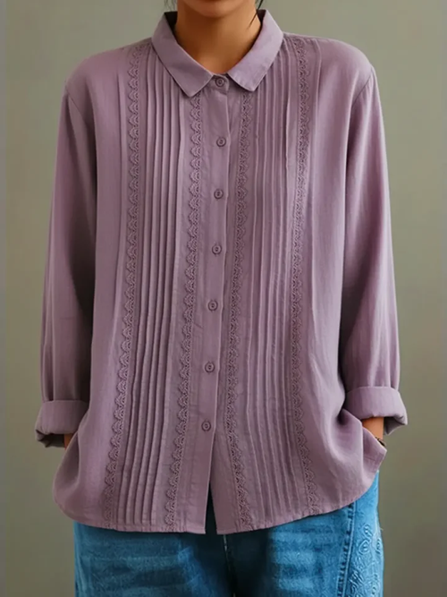Women's White Pintuck Lace-Trim Longsleeve Shirt – Elegant Feminine Top