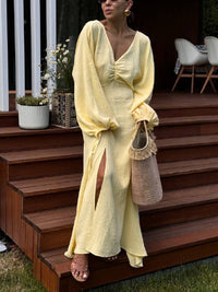 Women's Pleated Slit Lantern Sleeve Maxi Dress – Elegant Flowing Gown