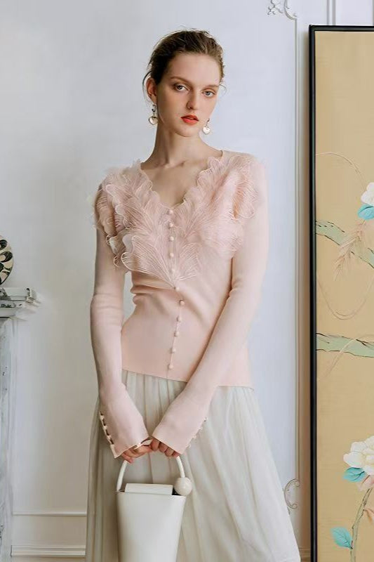 3D Floral Lace V-Neck Knit Top