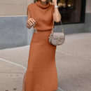 Women's Cowl Neck Midi Sweater Dress – Waisted Side Slit Knit Gown