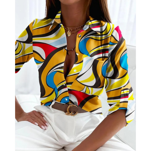 Women's Colorful Patterned Button-Up Blouse – Long Sleeve Business Shirt