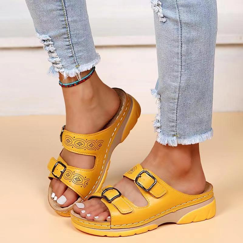 Women's Orthopedic Open-Toe Leather Sandals – Adjustable Buckle Comfort Shoes