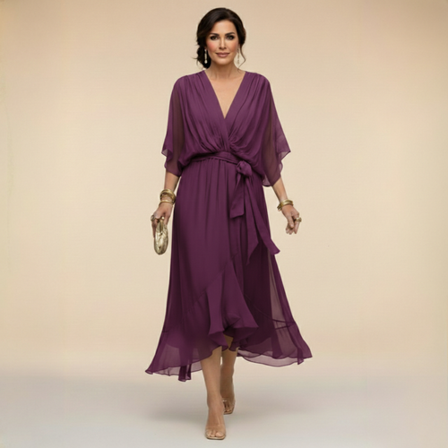 Women's Elegant V-Neck Chiffon Flared Midi Dress with Belt - Perfect Wedding Guest Dress