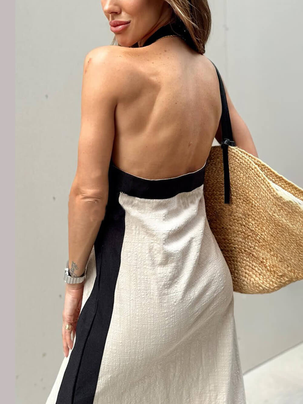Women's Color Block Halter Neck Maxi Dress With Side Slit – Elegant Dress