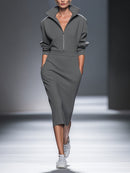 Women's Casual Cotton Polyester Half  Zip Midi Dress
