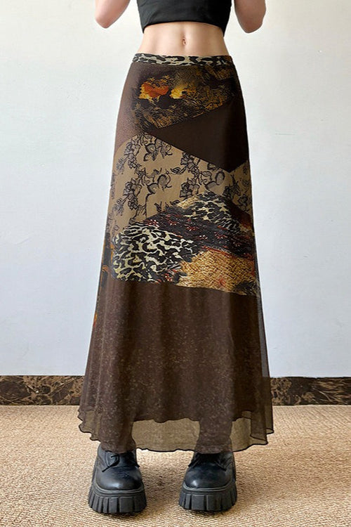 Abstract Print Contrast Waist Sheer Skirt