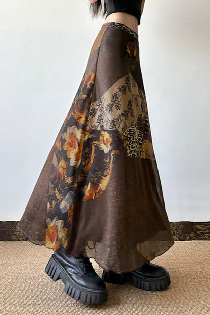 Abstract Print Contrast Waist Sheer Skirt