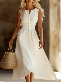 Women's White Linen Sleeveless Maxi Dress – Button Front Summer Dress