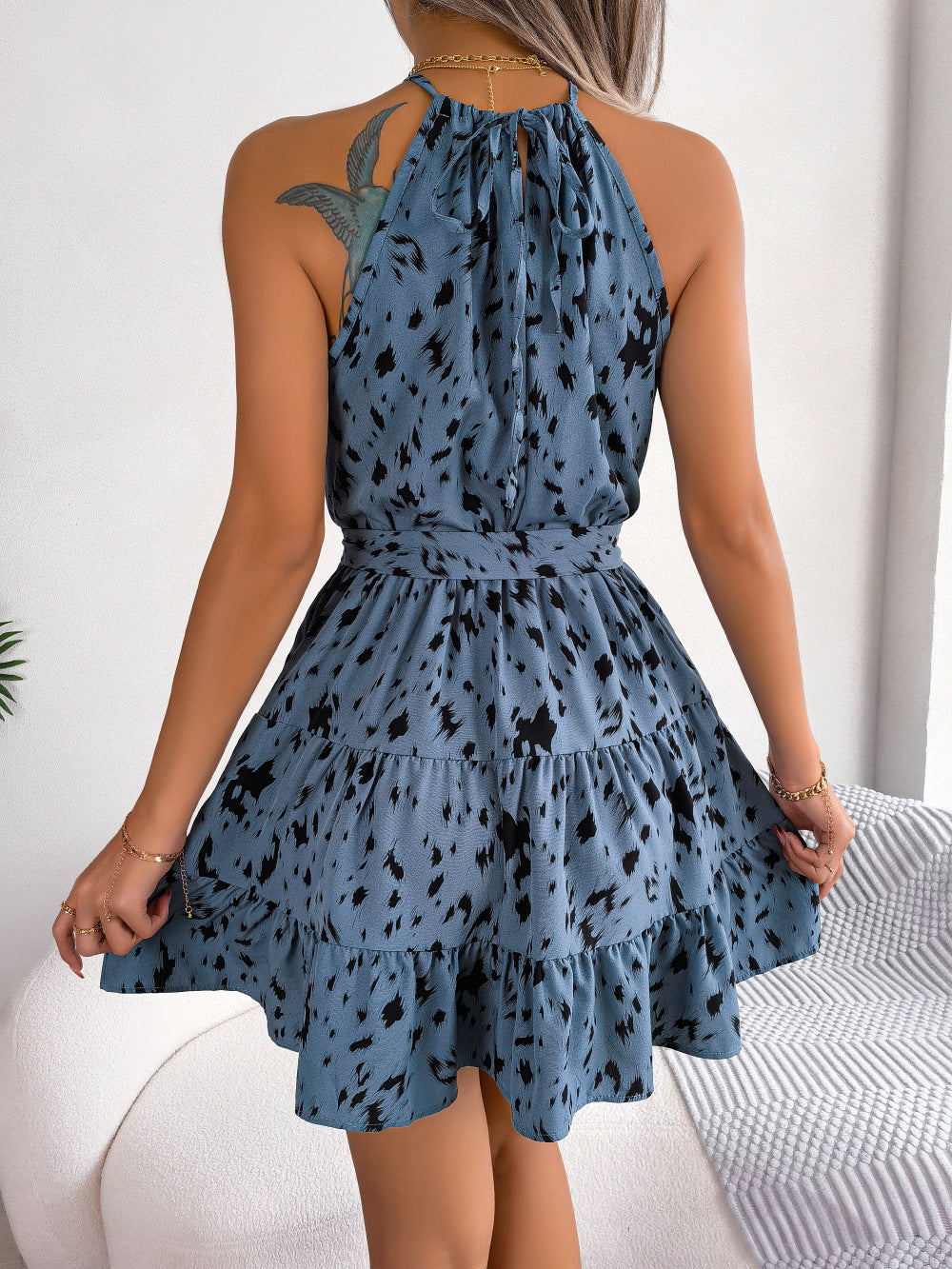 Women's Halter Neck Leopard Print Flared Mini Dress – Belted Summer Outfit