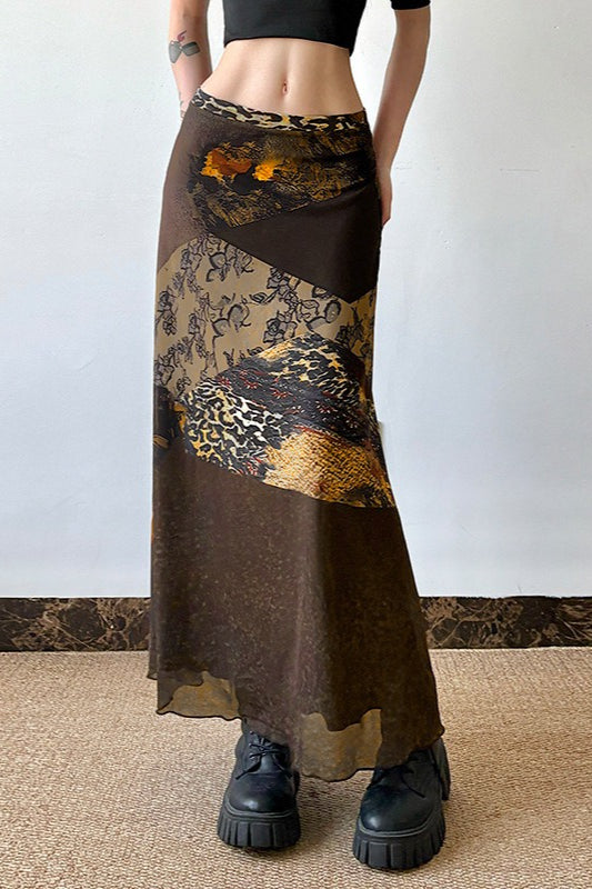 Abstract Print Contrast Waist Sheer Skirt